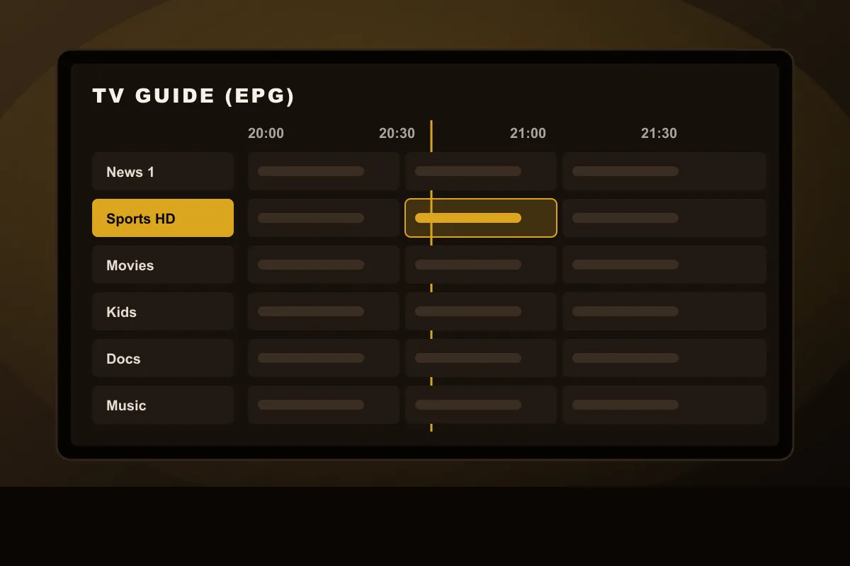 Electronic program guide grid with channels and time slots on a TV