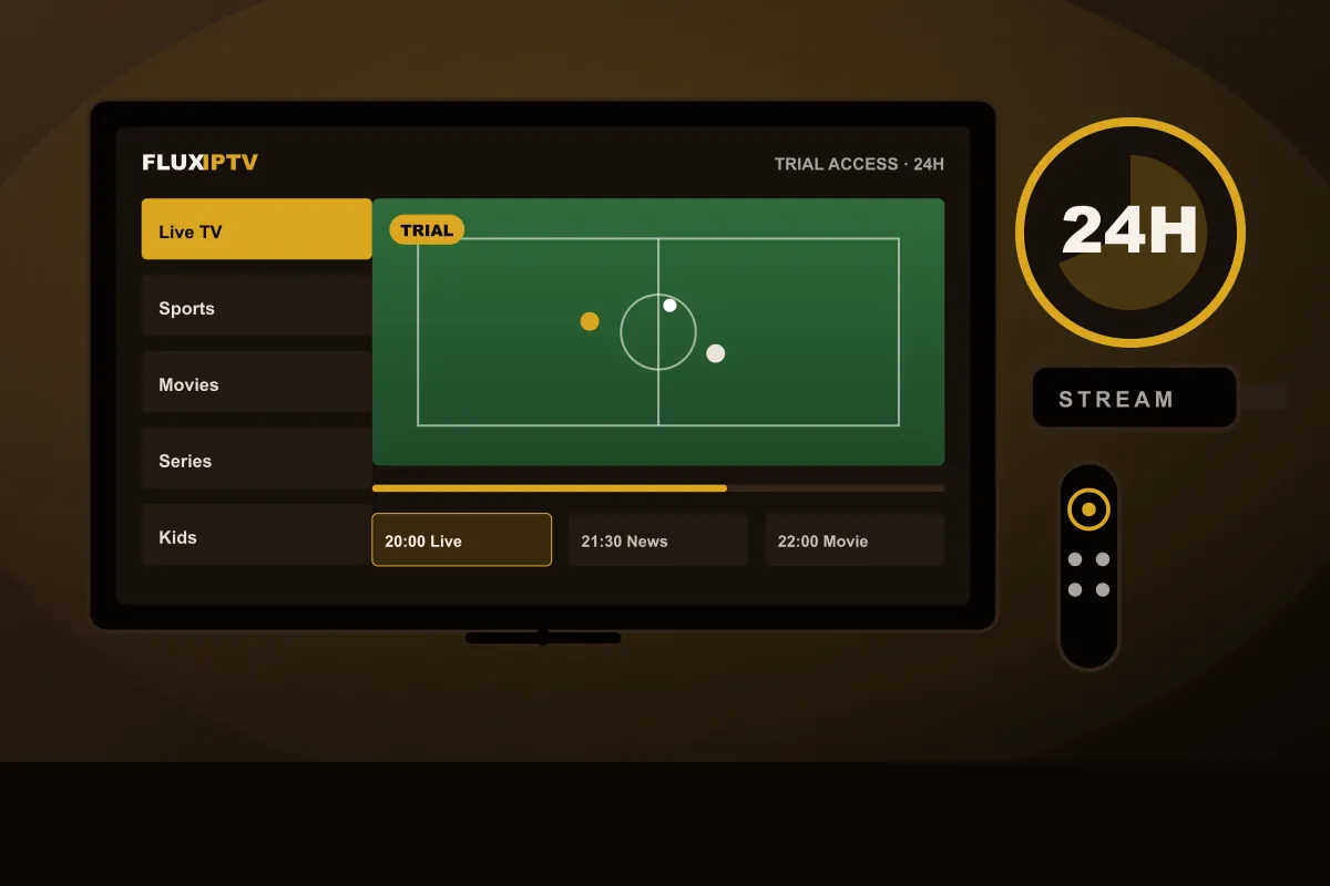 Streaming stick and remote in front of a TV showing a 24-hour IPTV free trial timer